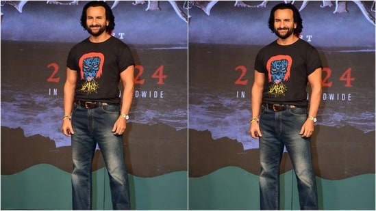 Saif Ali Khan adopted a relaxed and casual look for the promotion of Devara: Part 1, sporting a printed black T-shirt tucked into denim jeans with the help of a stylish belt. (HT Photo/VarinderChawla)