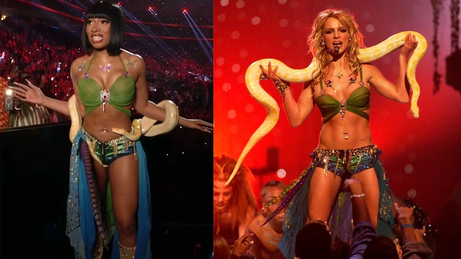 Megan replicated Britney's snake maneuver "I am a slave to you" 2001 VMAs performance.