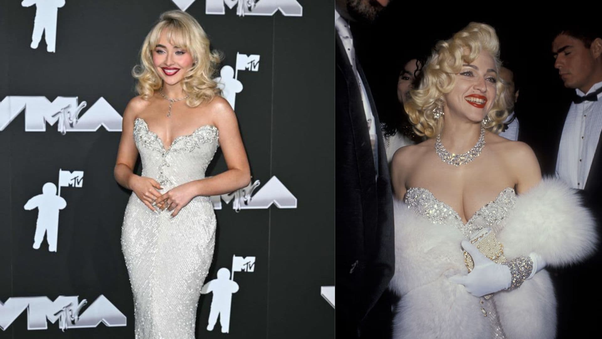 Sabrina Carpenter dazzles in a sparkly gown as she has a Madonna and Marilyn moment on the VMAs red carpet.