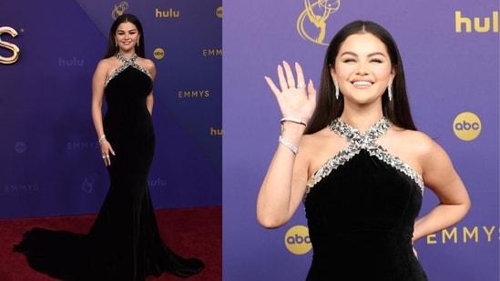 Selena Gomez arrived at the Emmy Awards in a stunning floor-length black gown with a silver-embellished halter neckline, taking over the red carpet like a true diva. (Reuters)