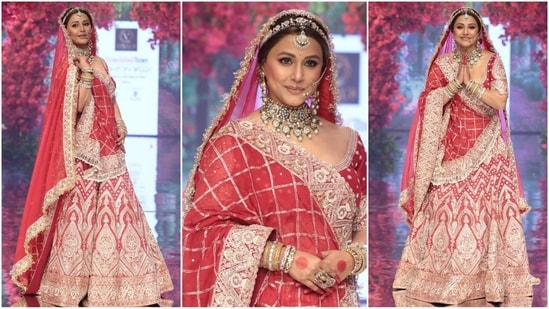 Hina Khan dazzles as the star of Times Fashion Week 2024, stunning in an exquisite red bridal lehenga embellished with intricate hand embroidery with golden sequins, exuding elegance and grace. (Instagram)