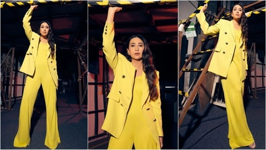 Karisma Kapoor is here to brighten up your screen with her latest look. She wowed in a vibrant yellow jumpsuit paired with a matching blazer, offering a masterclass on how to rock monochromatic outfits like a true pro. (Instagram/@therealkarismakapoor)