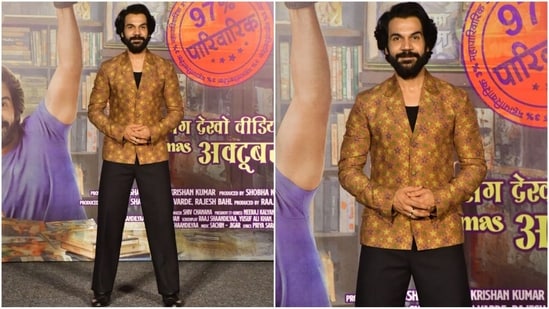 Rajkummar Rao dazzles in a sleek blazer embellished with a constellation of stars, paired perfectly with sleek, straight-cut black trousers. The combination creates a strikingly sophisticated and elegant look. (HT Photo/VarinderChawla)