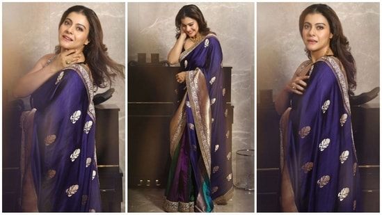 Kajol dazzles in a purple saree with majestic gold borders, offering major ethnic fashion inspiration and exuding royal elegance. (Instagram)