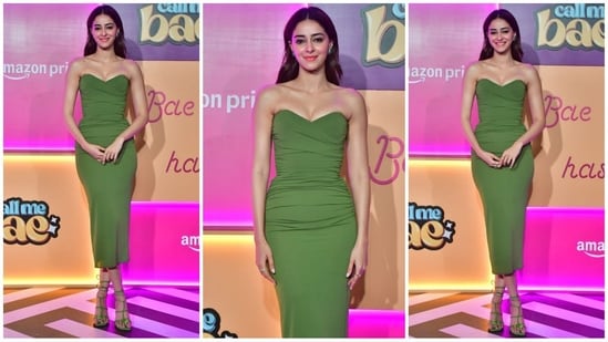 Ananya Panday stunned in a strapless green Alex Perry gown with an off-the-shoulder neckline and fitted silhouette. She paired it with matching Jimmy Choo sandals, glamorous makeup and loose waves for a stunning look. (HT Photo/VarinderChawla)