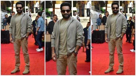 Jr NTR shows how to keep it casual yet stylish, wearing a basic olive green t-shirt paired with a matching denim jacket and pants, effortlessly rocking the monotone hues like a pro. (HT Photo/VarinderChawla)