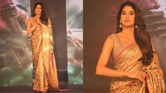 Janhvi Kapoor stunned her fans by turning up at the promotional event in a mesmerizing six-yard-long outfit. Dressed in a golden saree, sleeveless blouse and statement jhumka earrings, she looked effortlessly elegant and regal. (HT Photo/VarinderChawla)