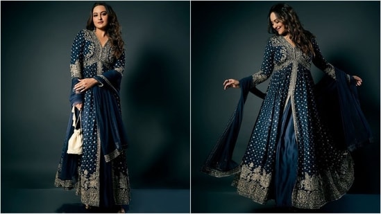 Sonakshi Sinha's ethnic look showcases a stunning blue anarkali kurta with a V-neckline, central slit and golden detailing all over. Paired with a matching skirt and a potli bag, it exudes a glamorous vibe. (Instagram)