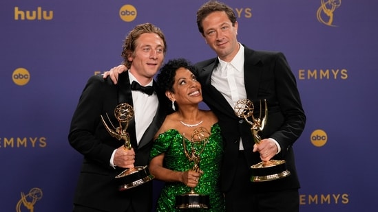 Jeremy Allen White, winner of the award for best lead actor in a comedy series for "The bear"From left to right, Liza Colon-Zayas, winner of the award for best supporting actress in a drama series for "The bear"and Ebon Moss-Bachrach, winner of the award for best supporting actor in a comedy series for "The bear" pose in the press room during the 76th Primetime Emmy Awards, Sunday, Sept. 15, 2024, at the Peacock Theatre in Los Angeles. (AP Photo/Jae C. Hong)(Jae C. Hong/Invision/AP)