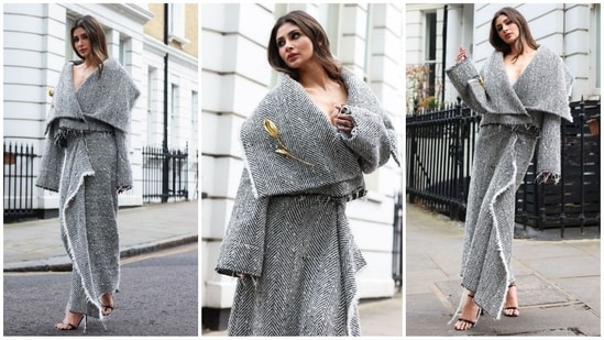 Mouni Roy conquers London in style, dazzling in a black and white draped ensemble adorned with a gold rose embellishment, showcasing her fashion prowess. (Instagram)