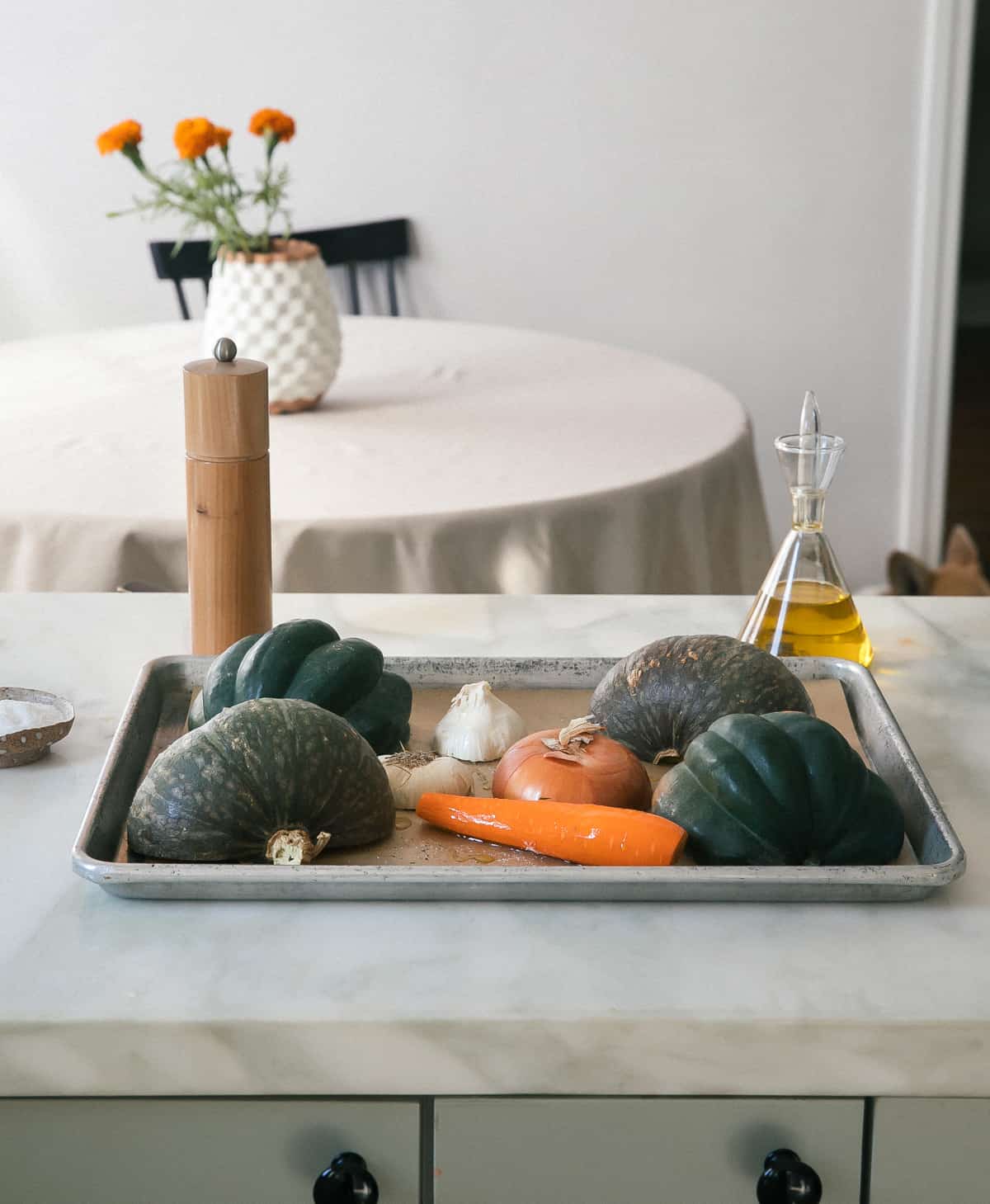 All ingredients on a baking sheet. 