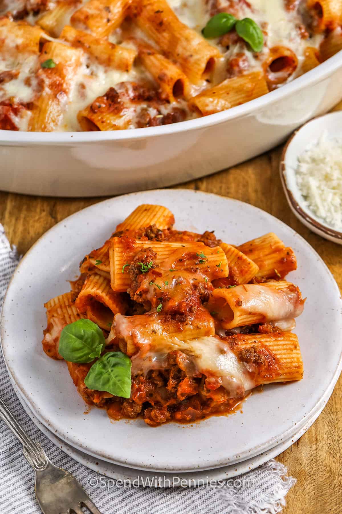 Baked rigatoni with cheese on a plate