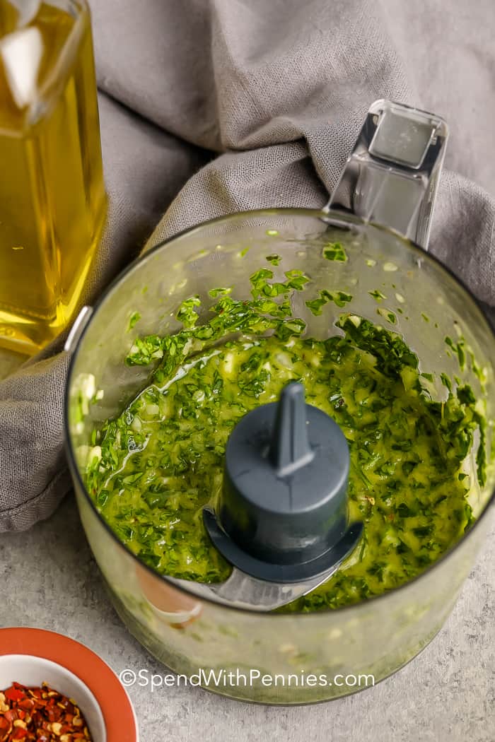 Chimichurri sauce in a food processor