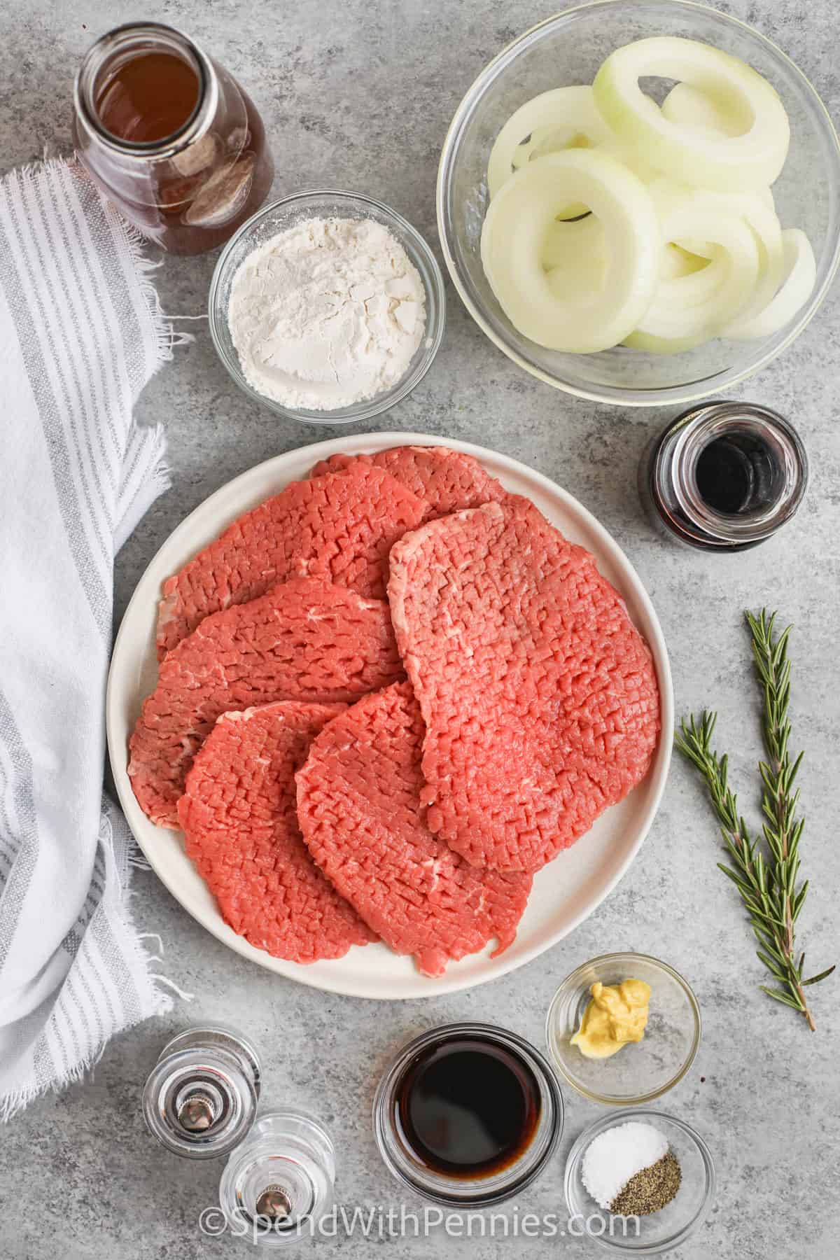 Ingredients for making Diced Steaks with Onion and Balsamic Sauce