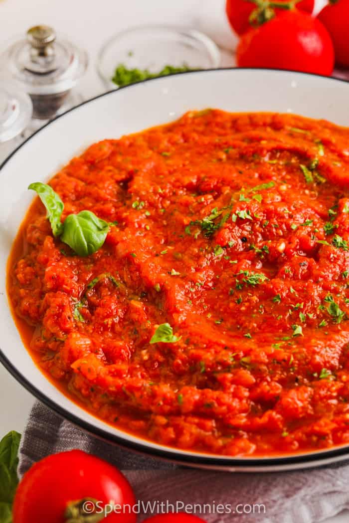 Fresh tomato sauce in a bowl with garnish