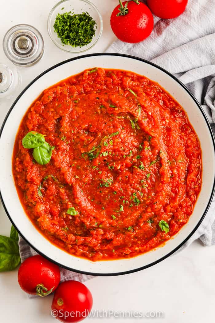 Top view of fresh tomato sauce on plate