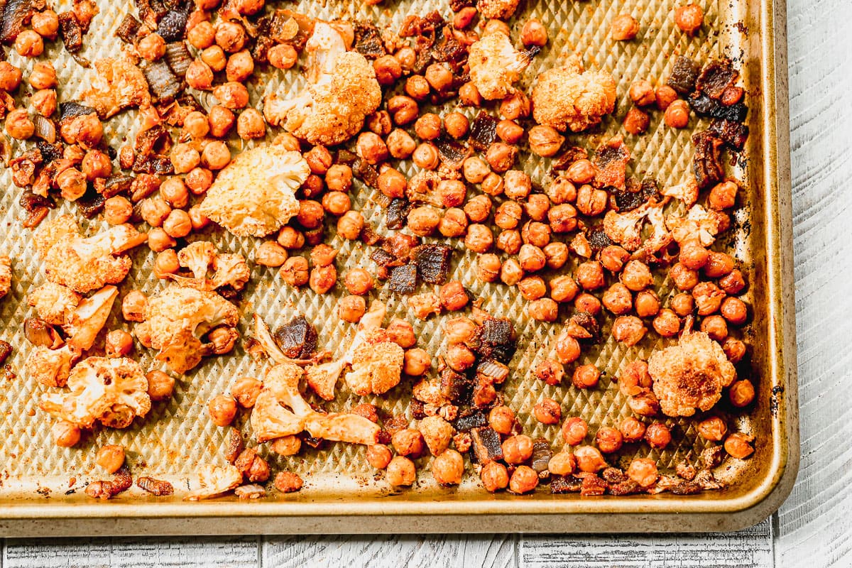 cauliflower and chickpeas roasted in a pan