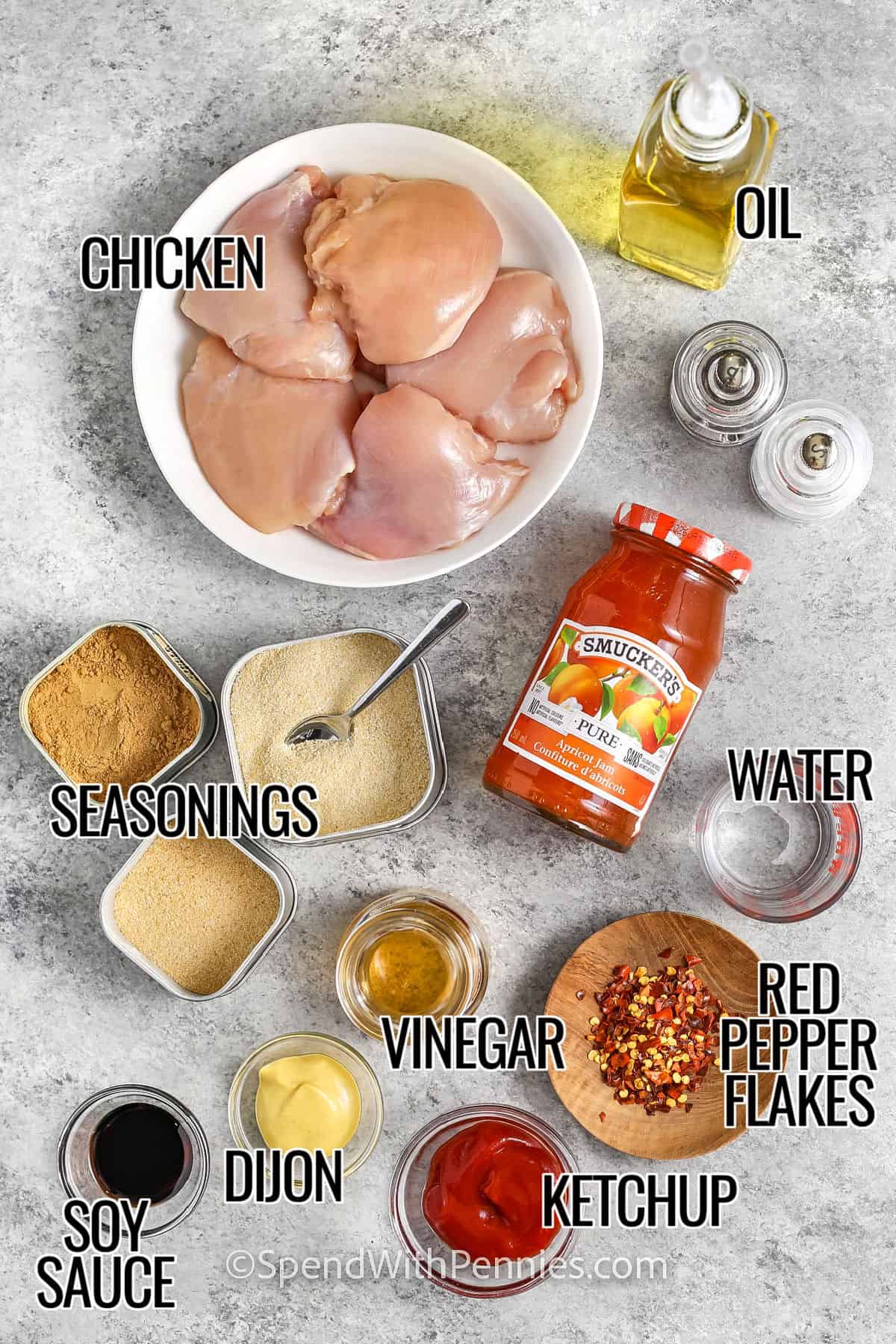 Chicken, oil, salt and pepper, apricot jam, seasonings, water, red pepper glaze, vinegar, Dijon mustard, soy sauce and ketchup with labels to make Apricot Chicken