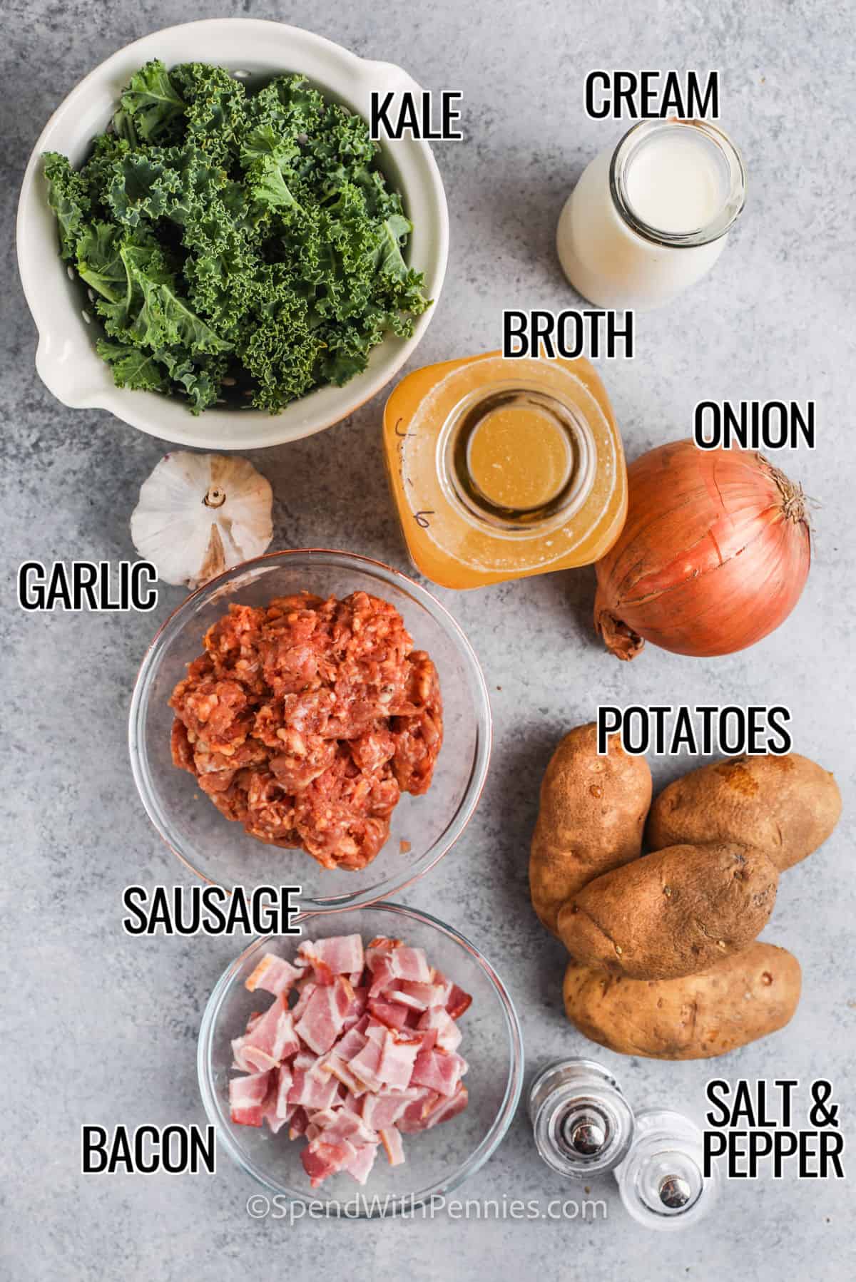 Ingredients for making Zuppa Toscana with labels