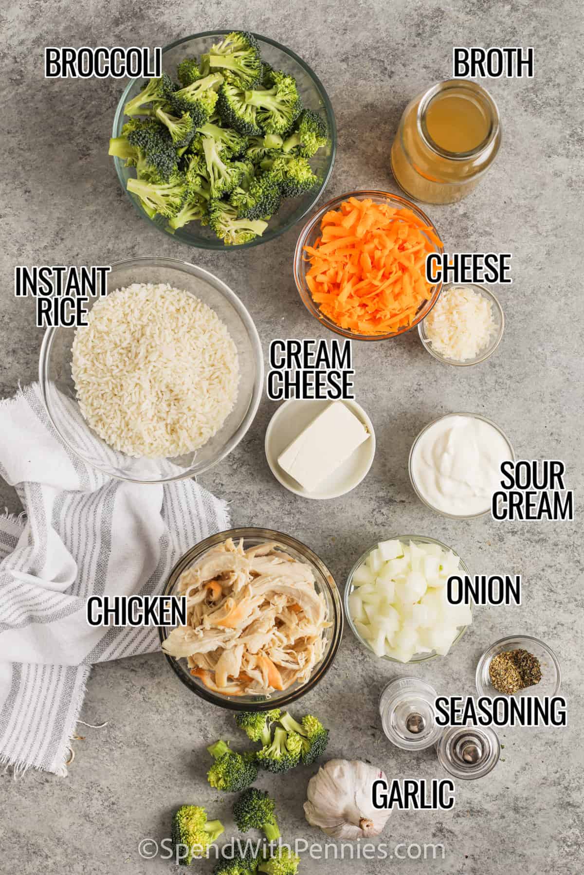 Ingredients for chicken and broccoli rice casserole