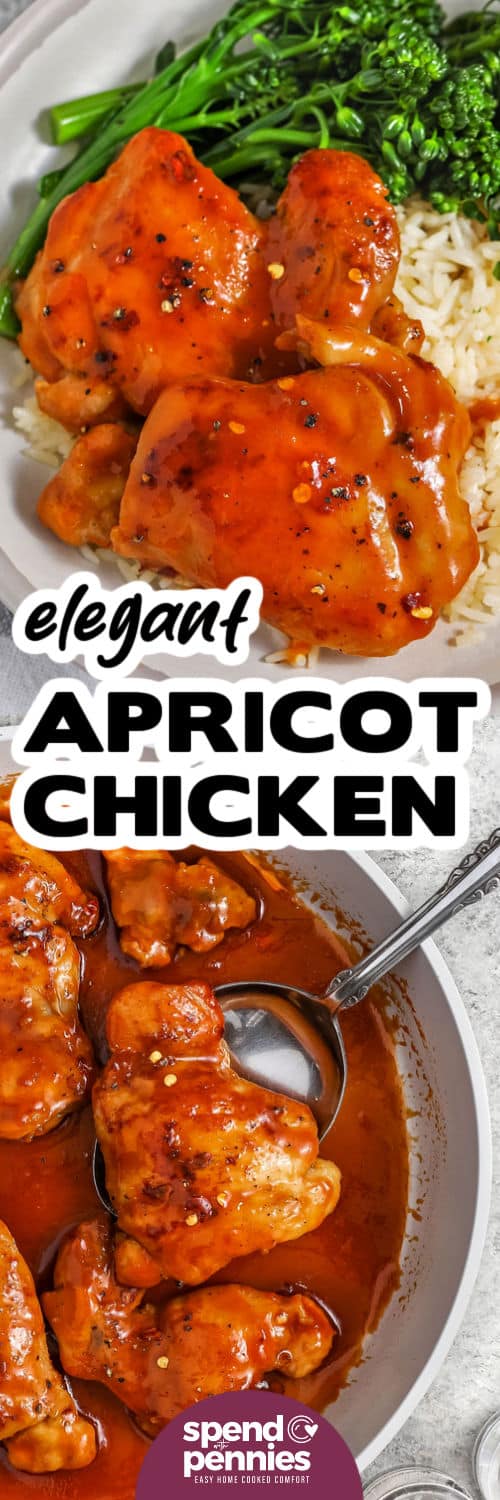 Apricot chicken in a pan and plated with title