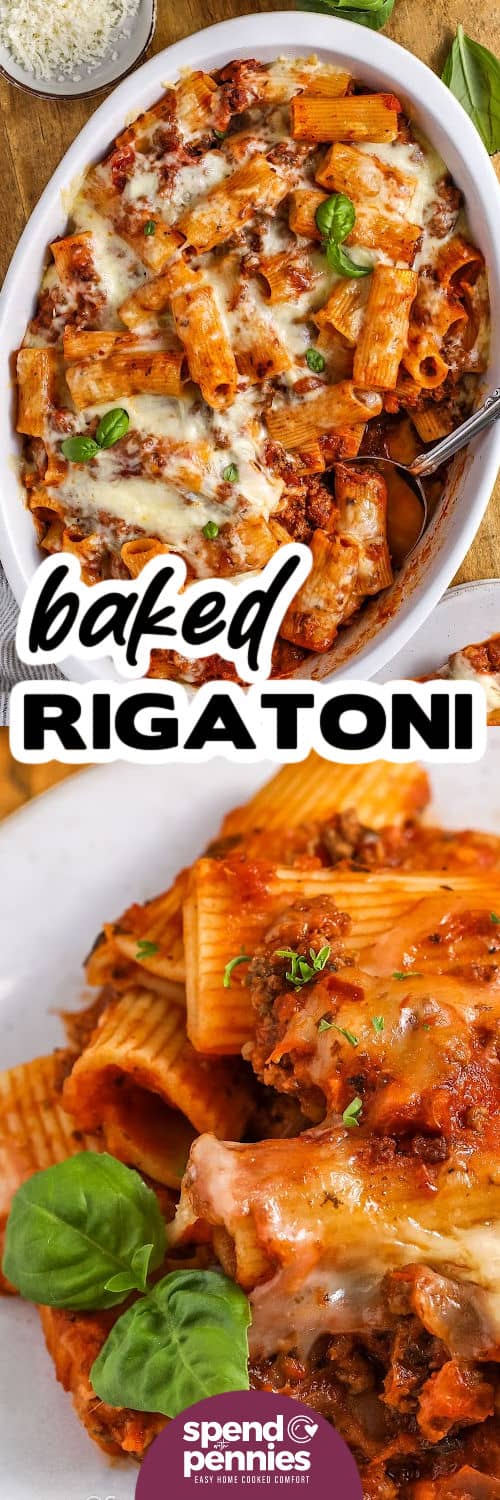 Baked rigatoni on plate and close up photo with a caption