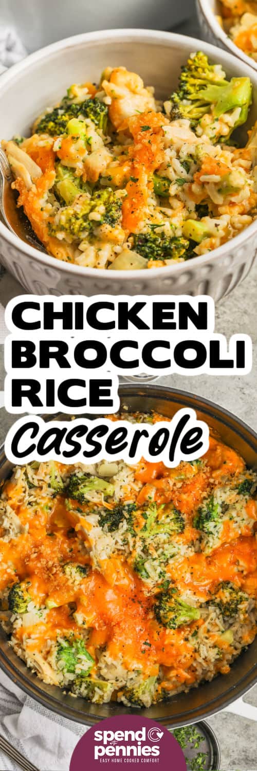 Chicken and Broccoli Rice Casserole in Pot and Bowls with Title