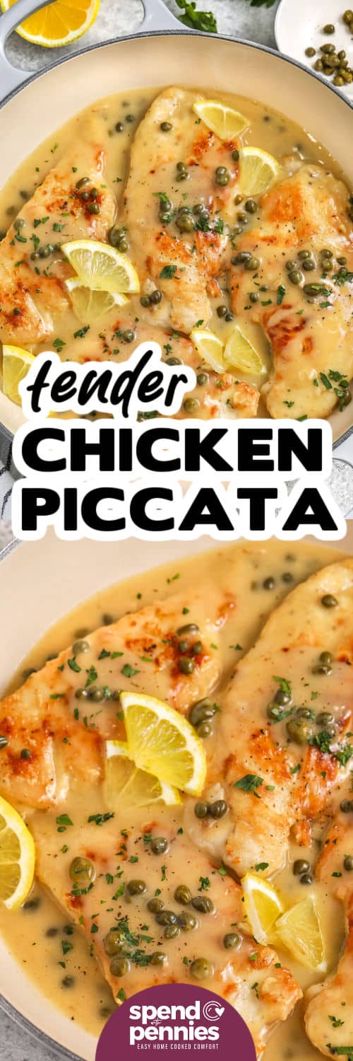 Tender chicken picatta in a pan and close-up photo with title