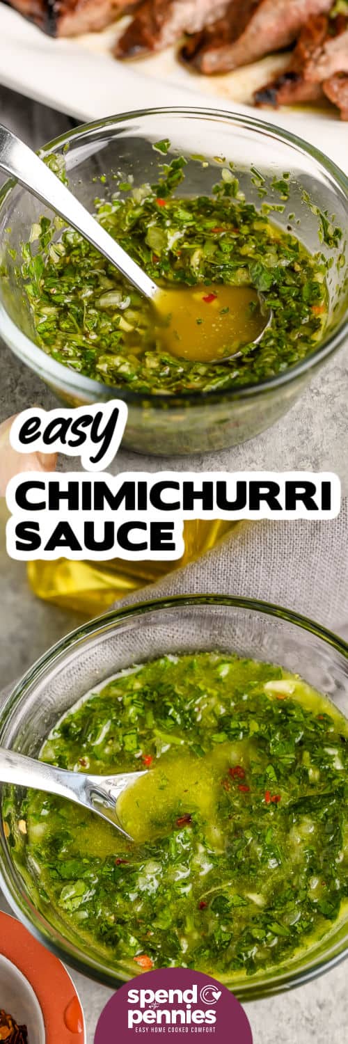 Mixing ingredients to make chimichurri sauce and close up photo in a bowl with a caption