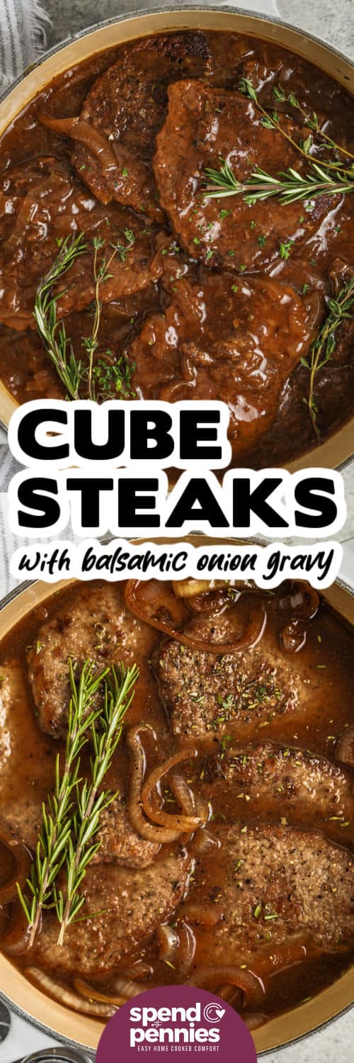 Diced steaks with balsamic onion sauce in the pot and covered with sauce with a title