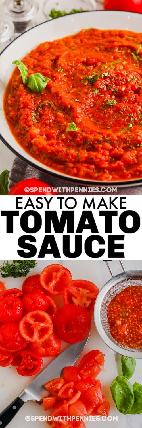 Ingredients to make Fresh Tomato Sauce with finished dish and title