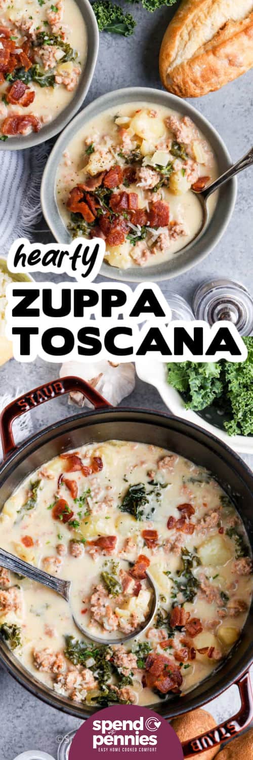 Zuppa Toscana in a casserole and plated with title