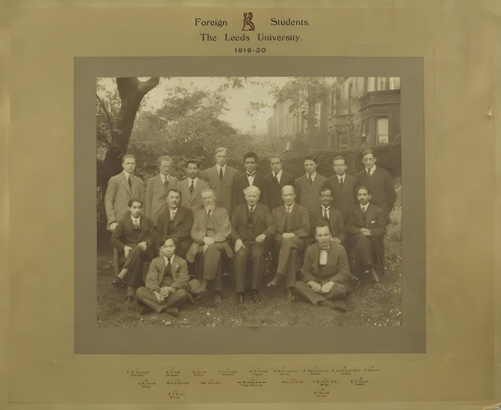 Group photograph of overseas students (1919-1920) at the University of Leeds. Seated in the middle row (second from right) is PK Dutt, who was a master's student in chemistry.