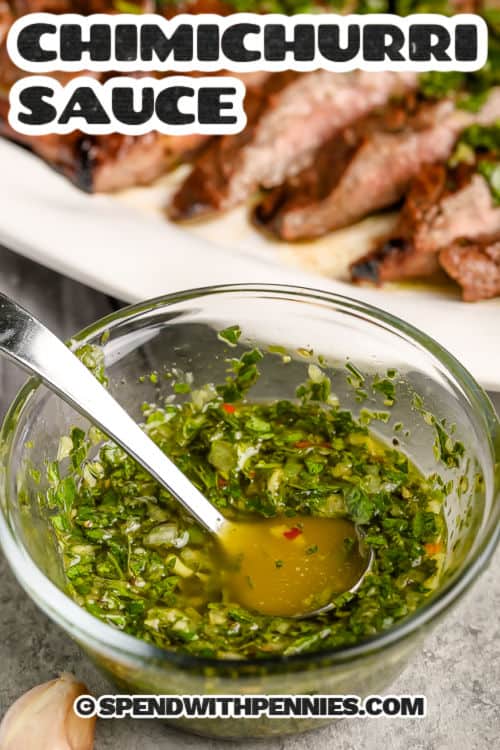 bowl of chimichurri sauce with title