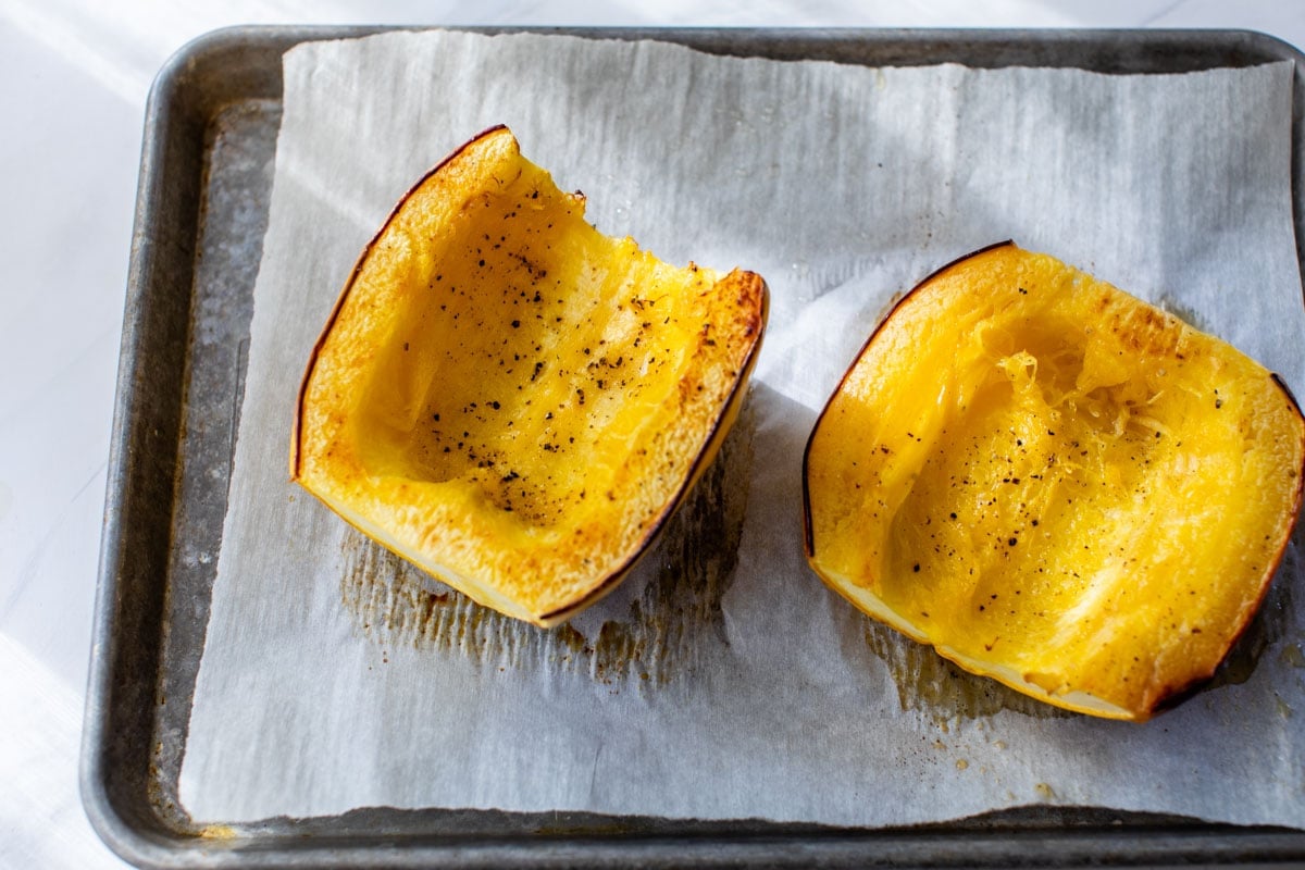 Overhead view of roasted spaghetti squash cut in half