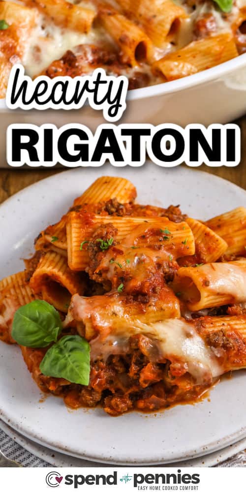 Hearty Baked Rigatoni on a Plate with Title