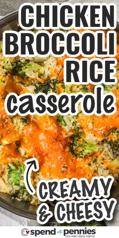 Chicken and broccoli rice casserole pot with writing