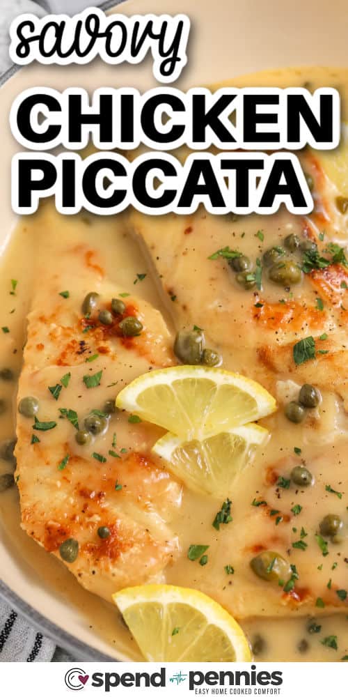 Tasty chicken picatta in a pan with writing