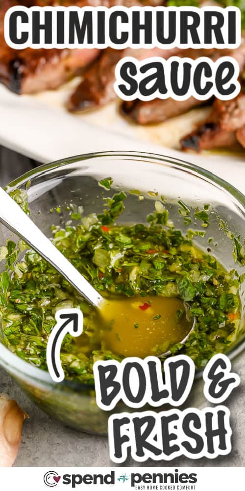 Bold and fresh Chimichurri sauce with writing