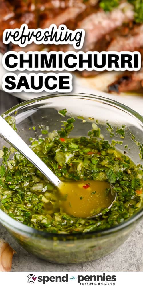 Refreshing chimichurri sauce in a bowl with title