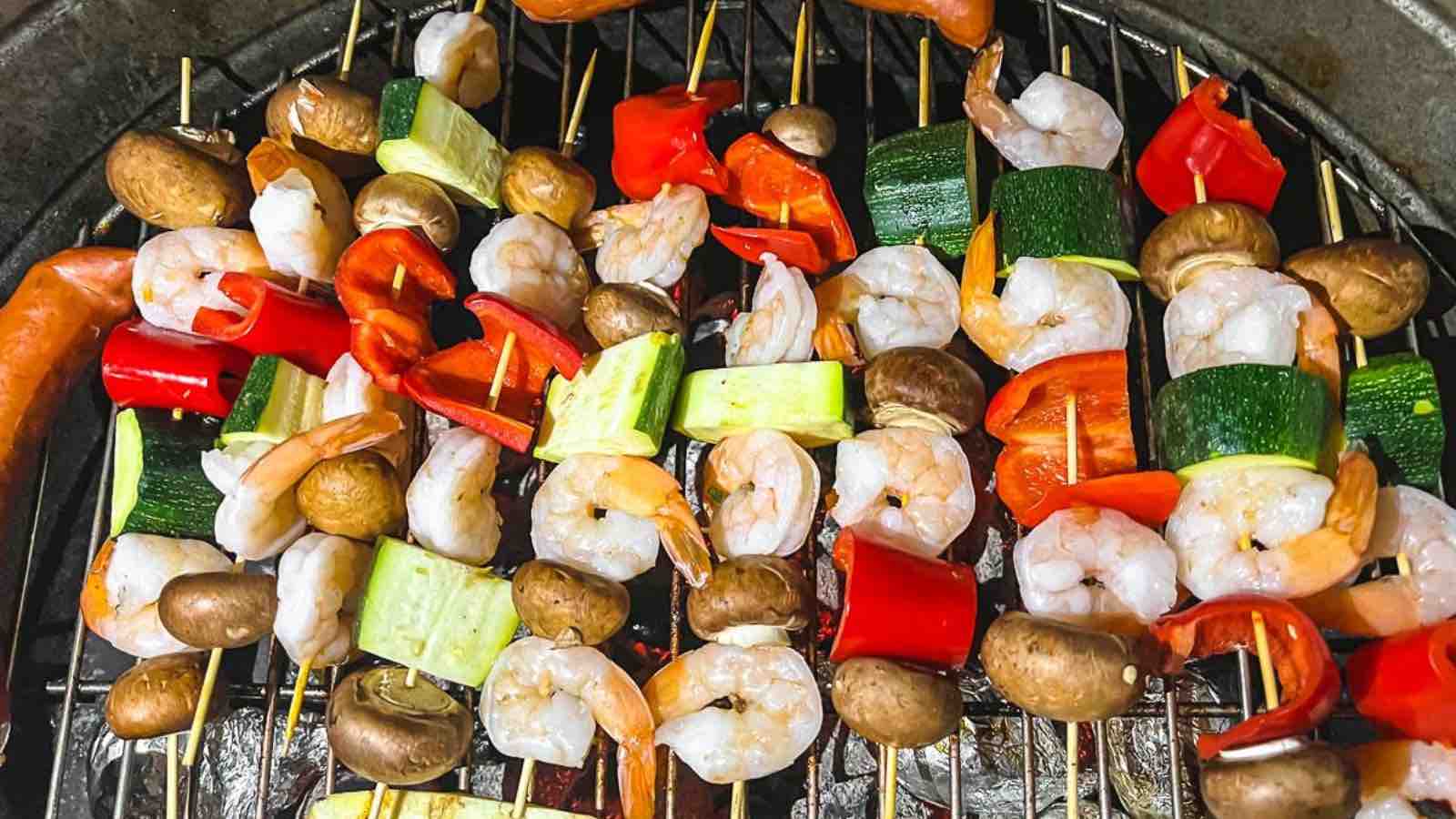 Grilled shrimp and vegetable skewers.