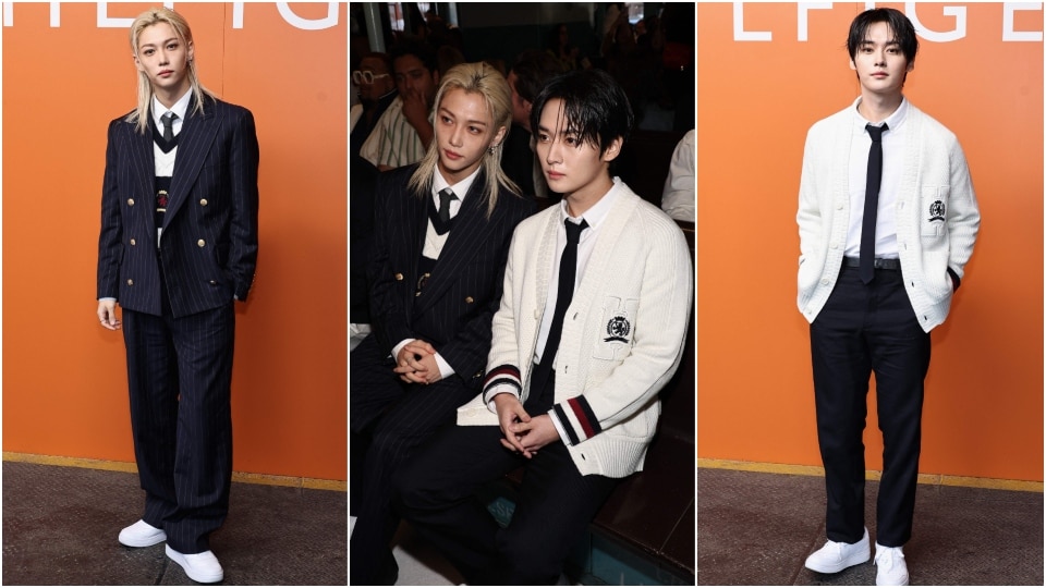 Stray Kids members Lee Know and Felix at the Tommy Hilfiger fashion show. (AFP)