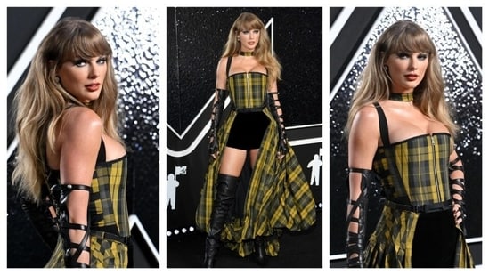 Taylor Swift stunned at the 2024 MTV VMAs, giving Cher Horowitz's iconic yellow dress a bold, punk-rock look. The singer rocked a bold glam-punk look in a fitted, black and mustard-yellow checkered corset dress, complete with a skirt that unzipped to reveal dramatic black shorts. (Instagram)