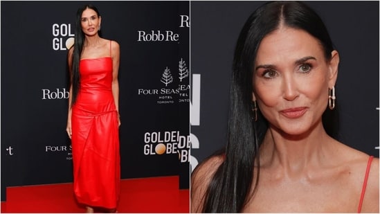 Demi Moore turned heads at the Golden Globes in a stunning red gown. Featuring spaghetti straps, a shiny fabric, a flared hem and a straight neckline, she took over the red carpet with her effortless diva style. (Instagram)