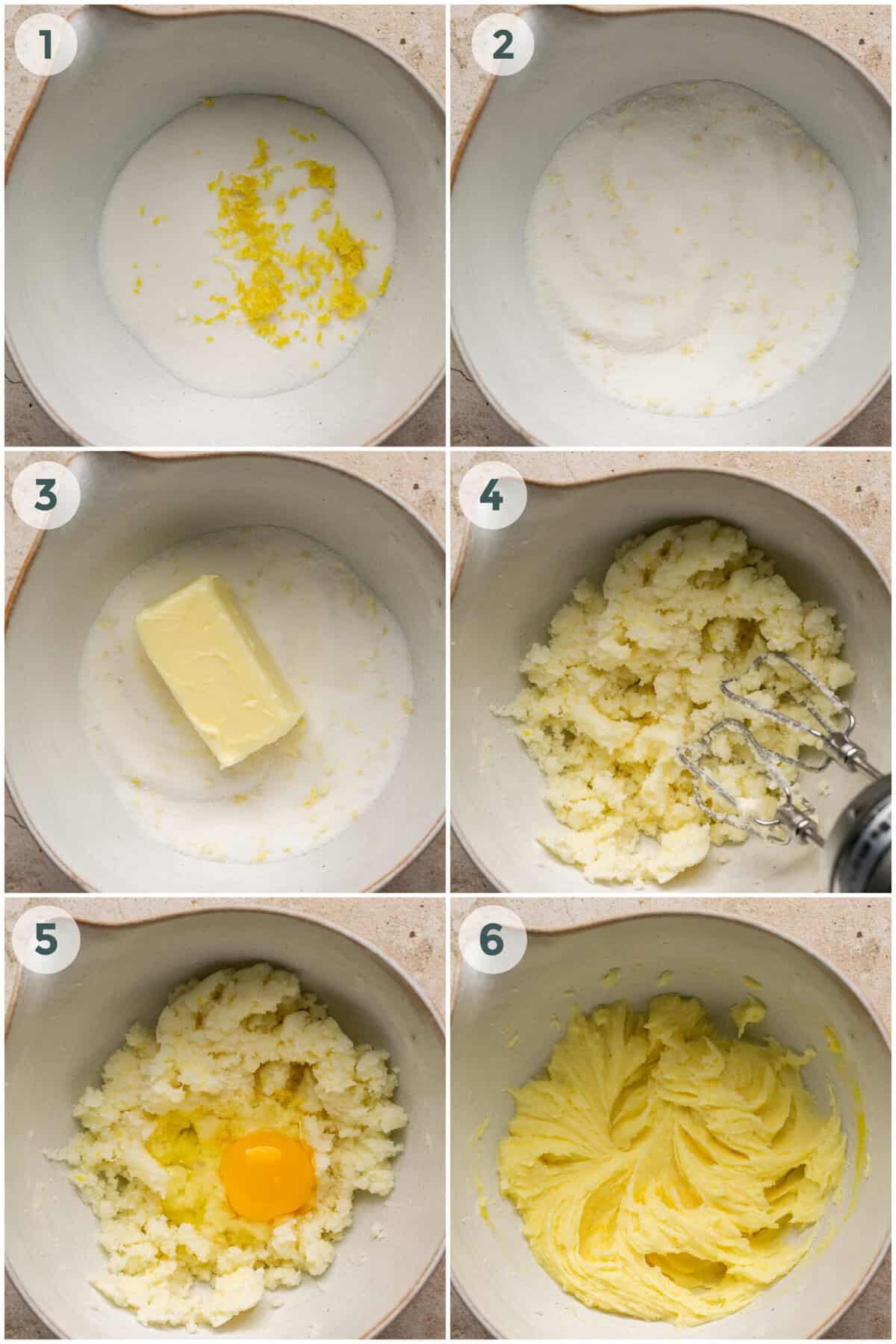 Steps 1-6 for the almond cake recipe