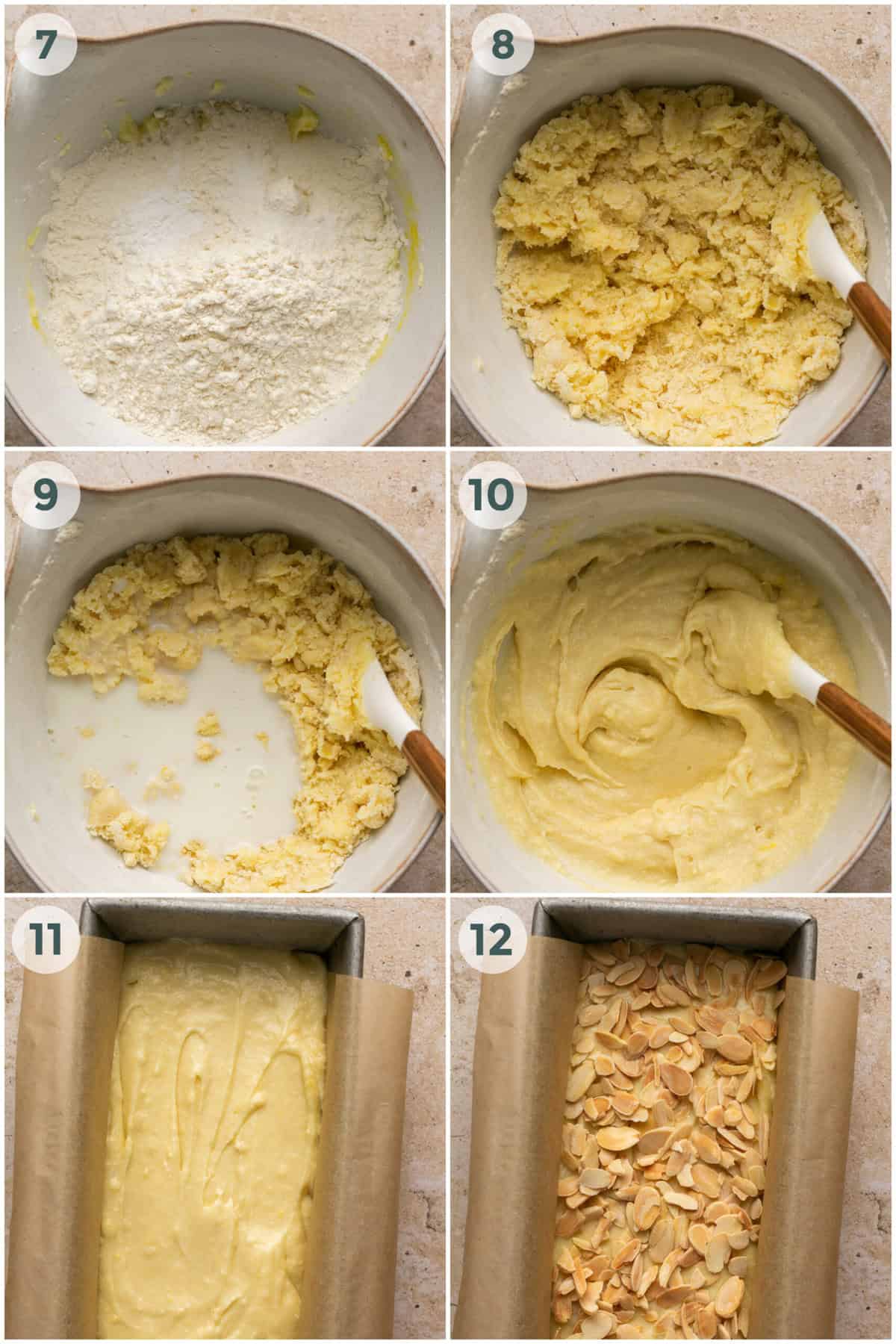 Steps 7-12 for the almond cake recipe