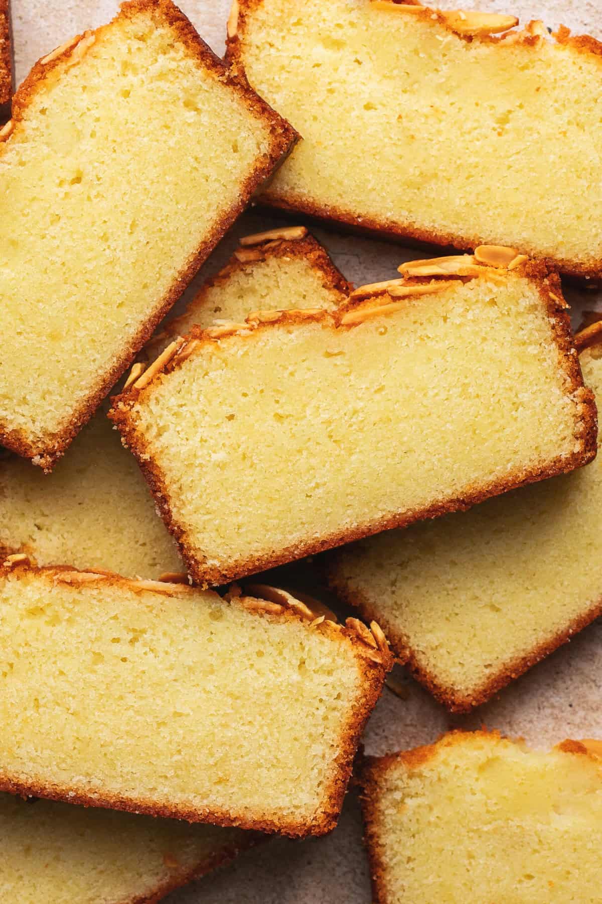 Overhead view of slices of almond bread.