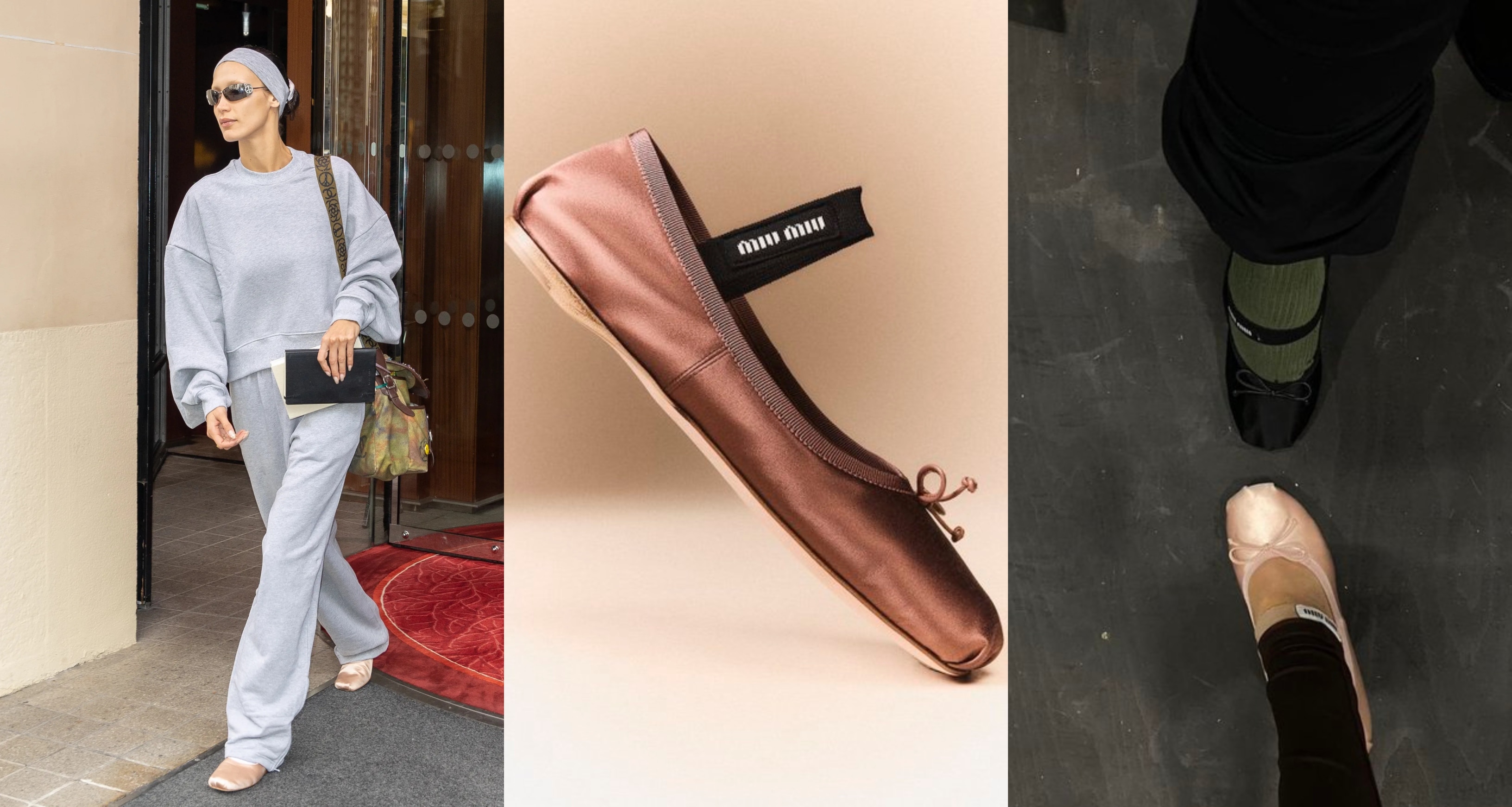 Miu Miu's satin ballet flats are a big hit with celebrities like Bella Hadid (left) and Ariana Grande (right)