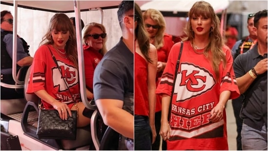 Taylor Swift rocks a casual look in an oversized red t-shirt, paired with chunky jewelry and a black handbag, giving off a laid-back, relaxed vibe. (Instagram)