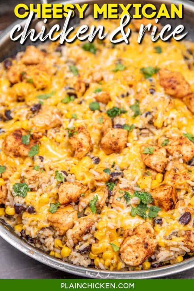 Cheesy Chicken and Rice Skillet with Text Overlay